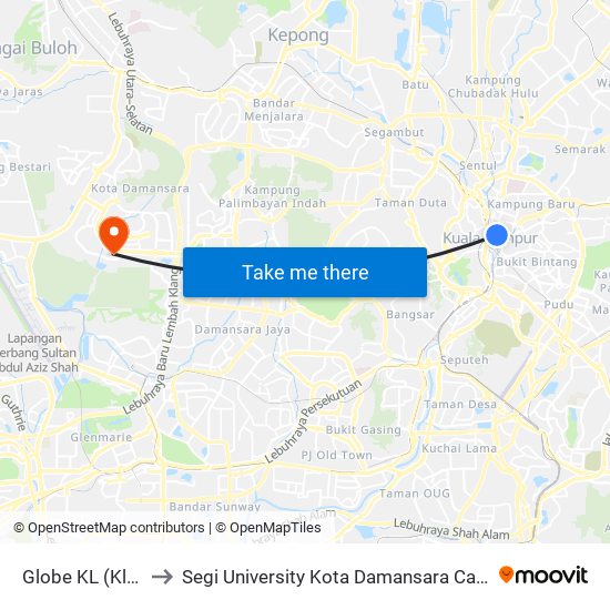 Globe KL (Kl37) to Segi University Kota Damansara Campus map