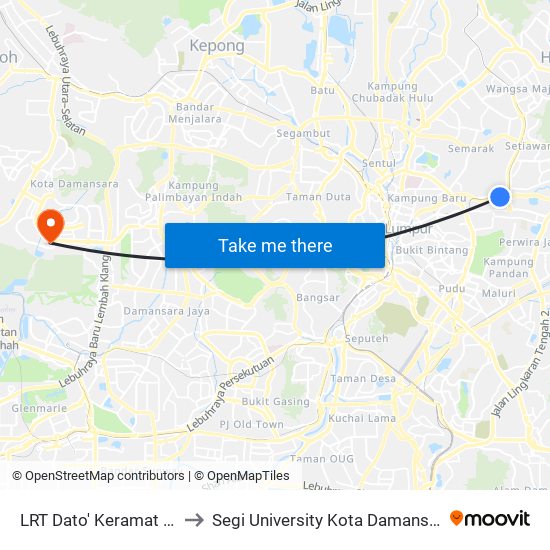 LRT Dato' Keramat (Kl2311) to Segi University Kota Damansara Campus map