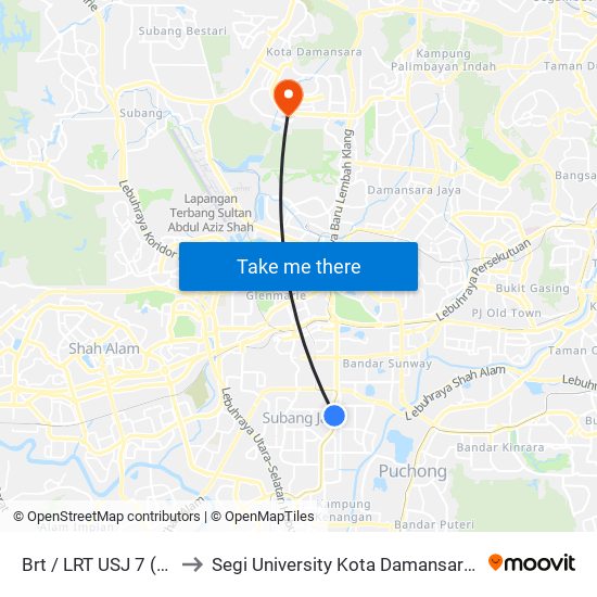 Brt / LRT USJ 7 (Sj693) to Segi University Kota Damansara Campus map