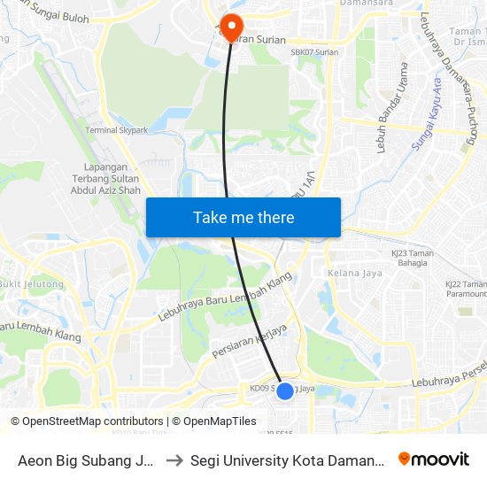Aeon Big Subang Jaya (Sj60) to Segi University Kota Damansara Campus map