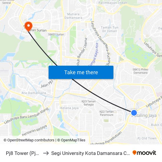 Pj8 Tower (Pj750) to Segi University Kota Damansara Campus map