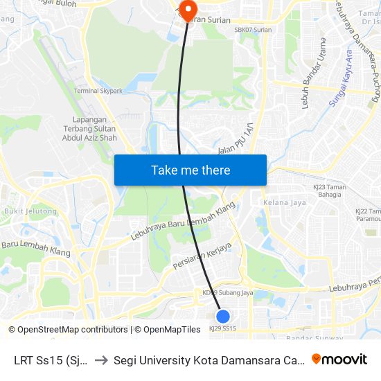 LRT Ss15 (Sj53) to Segi University Kota Damansara Campus map