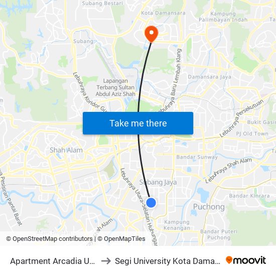 Apartment Arcadia USJ 11 (Sj27) to Segi University Kota Damansara Campus map