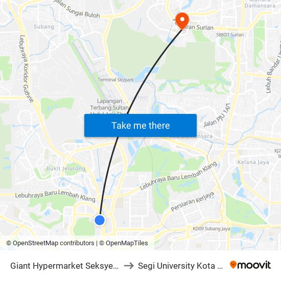 Giant Hypermarket Seksyen 13, Shah Alam (Sa947) to Segi University Kota Damansara Campus map