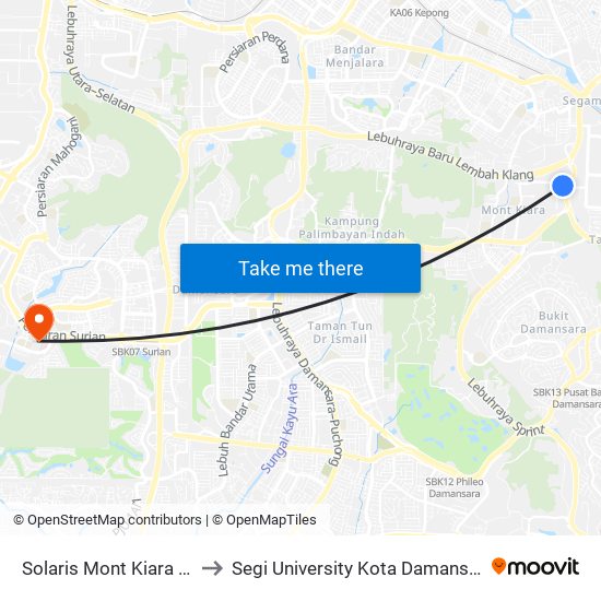 Solaris Mont Kiara (Kl1889) to Segi University Kota Damansara Campus map