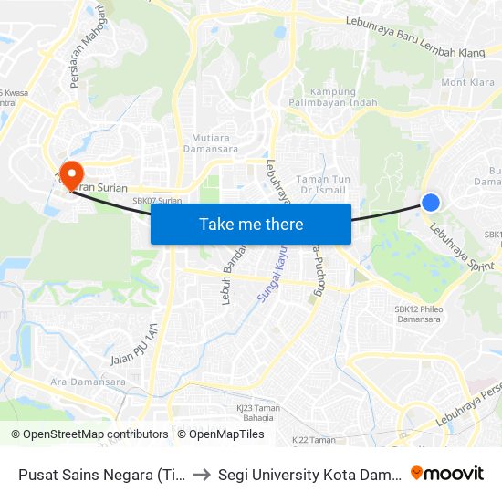 Pusat Sains Negara (Timur) (Kl1904) to Segi University Kota Damansara Campus map