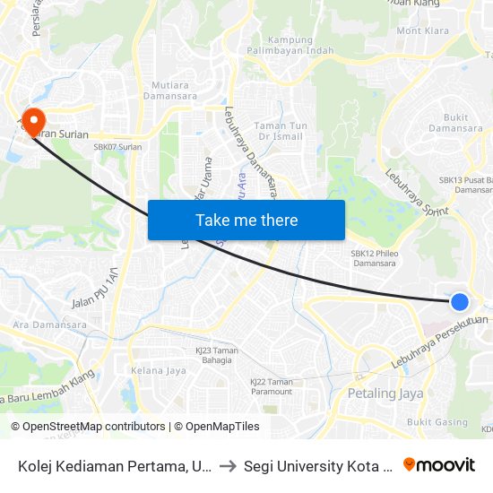 Kolej Kediaman Pertama, Universiti Malaya (Kl1103) to Segi University Kota Damansara Campus map