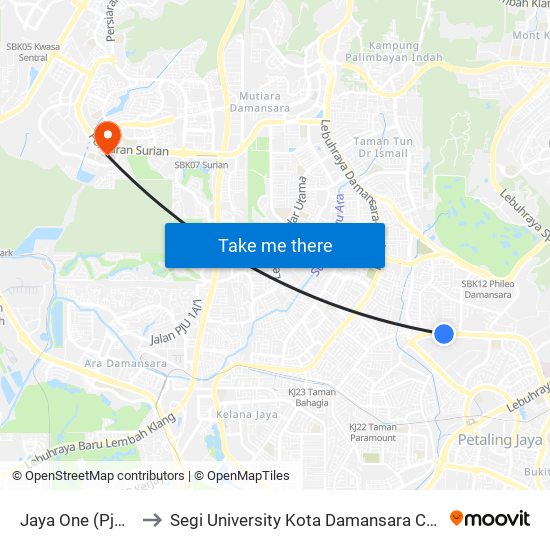 Jaya One (Pj272) to Segi University Kota Damansara Campus map