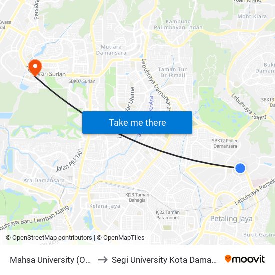 Mahsa University (Opp) (Pj260) to Segi University Kota Damansara Campus map