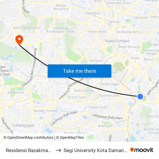 Residensi Razakmas 2 (Kl287) to Segi University Kota Damansara Campus map