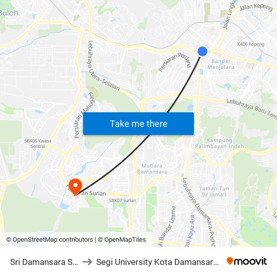 Sri Damansara Sentral to Segi University Kota Damansara Campus map