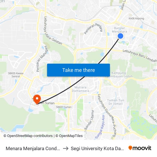 Menara Menjalara Condominium (Kl514) to Segi University Kota Damansara Campus map