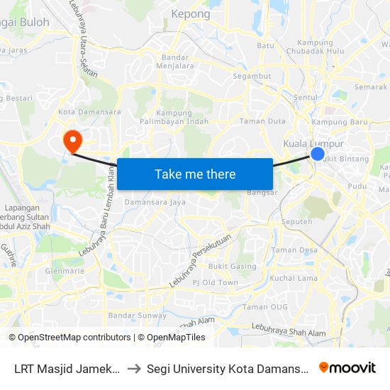 LRT Masjid Jamek (Kl105) to Segi University Kota Damansara Campus map