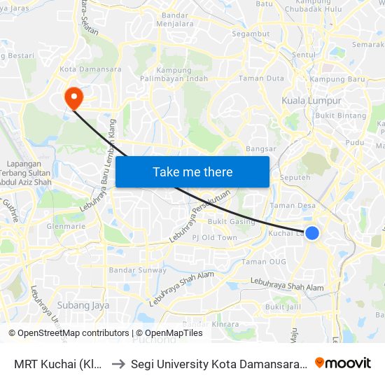 MRT Kuchai (Kl1218) to Segi University Kota Damansara Campus map