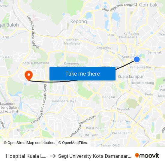 Hospital Kuala Lumpur to Segi University Kota Damansara Campus map