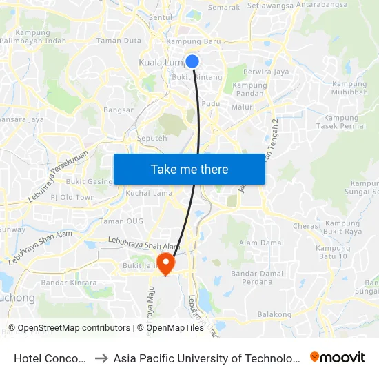 Hotel Concorde (Kl80) to Asia Pacific University of Technology & Innovation (APU) map