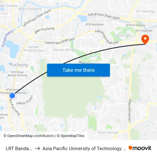 LRT Bandar Puteri to Asia Pacific University of Technology & Innovation (APU) map