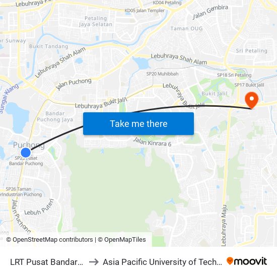 LRT Pusat Bandar Puchong (Sj735) to Asia Pacific University of Technology & Innovation (APU) map