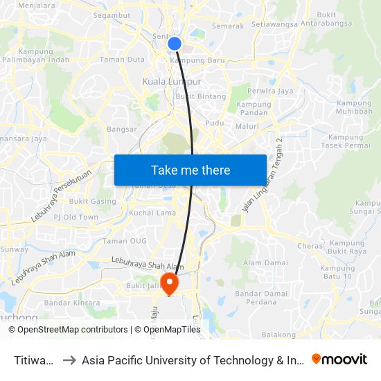 Titiwangsa to Asia Pacific University of Technology & Innovation (APU) map