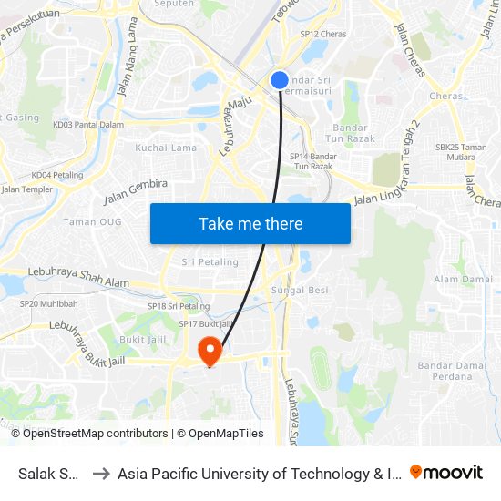 Salak Selatan to Asia Pacific University of Technology & Innovation (APU) map