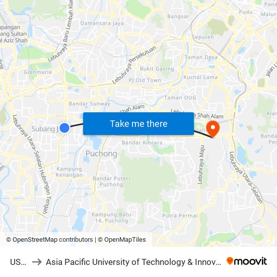USJ 7 to Asia Pacific University of Technology & Innovation (APU) map