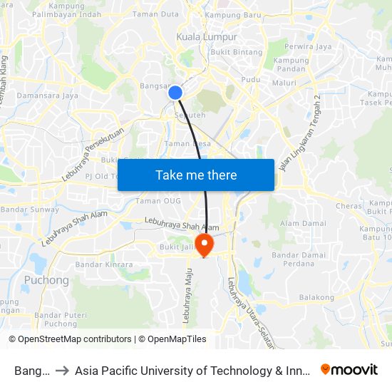 Bangsar to Asia Pacific University of Technology & Innovation (APU) map