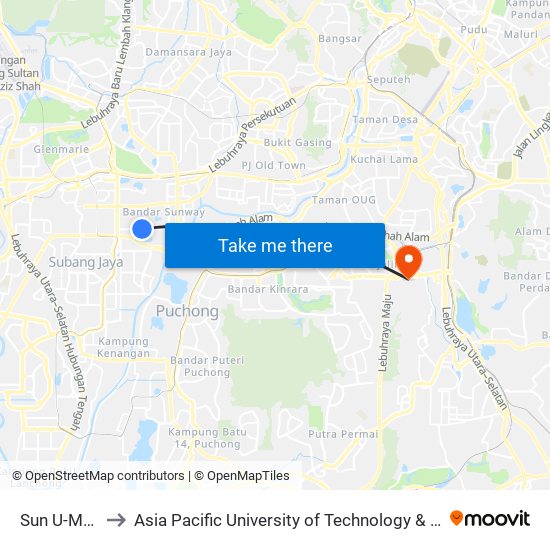 Sun U-Monash to Asia Pacific University of Technology & Innovation (APU) map