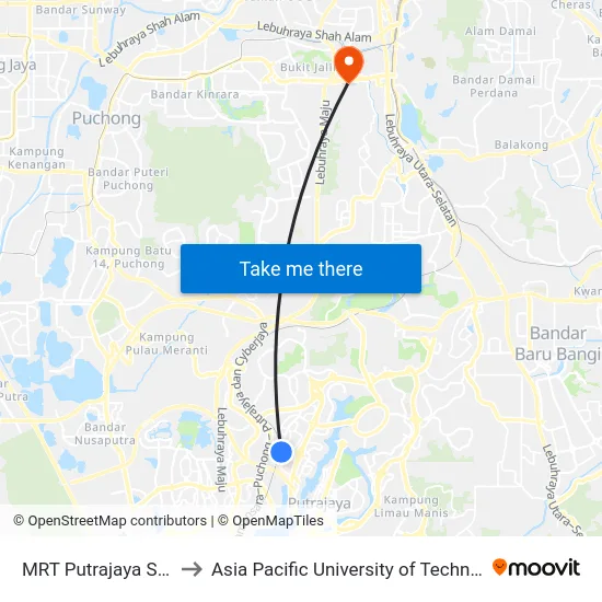 MRT Putrajaya Sentral (Ppj254) to Asia Pacific University of Technology & Innovation (APU) map