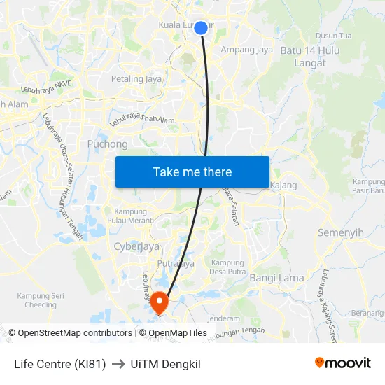 Life Centre (Kl81) to UiTM Dengkil map