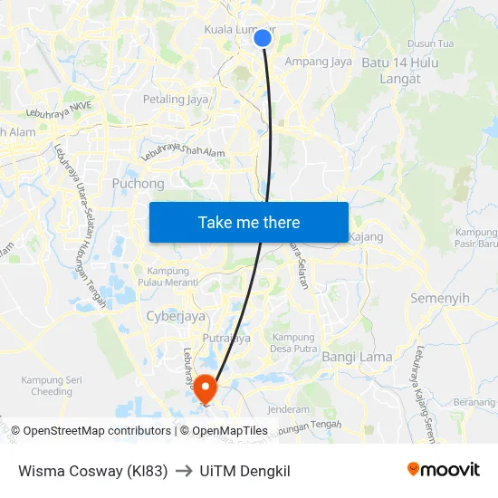 Wisma Cosway (Kl83) to UiTM Dengkil map