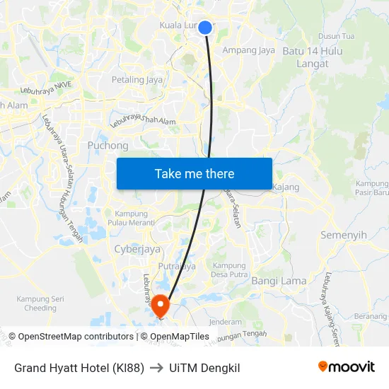 Grand Hyatt Hotel (Kl88) to UiTM Dengkil map