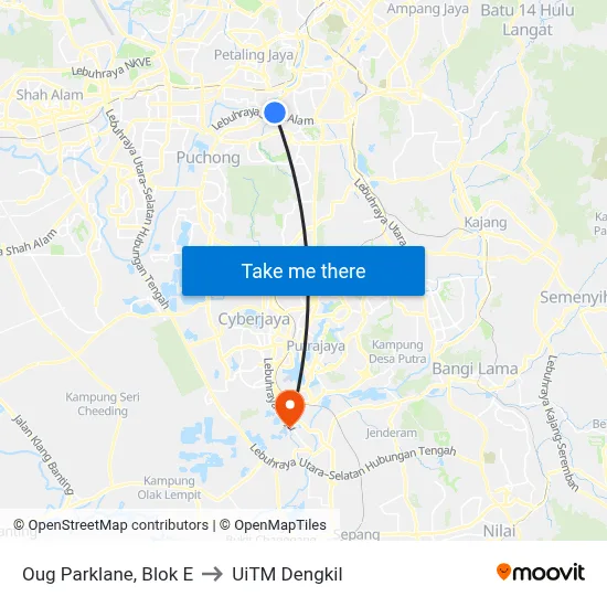 Oug Parklane, Blok E to UiTM Dengkil map