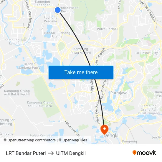 LRT Bandar Puteri to UiTM Dengkil map