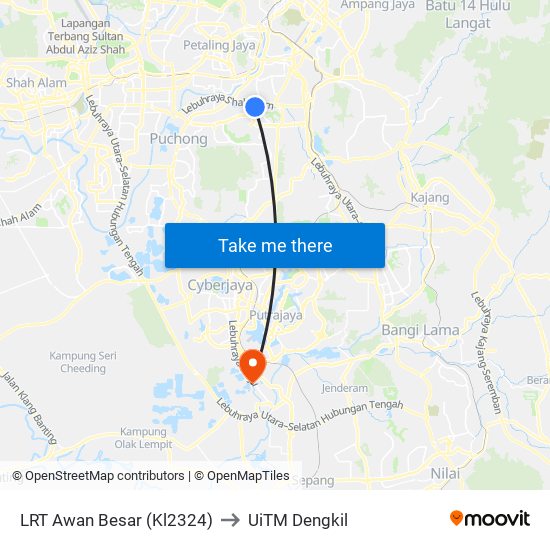 LRT Awan Besar (Kl2324) to UiTM Dengkil map