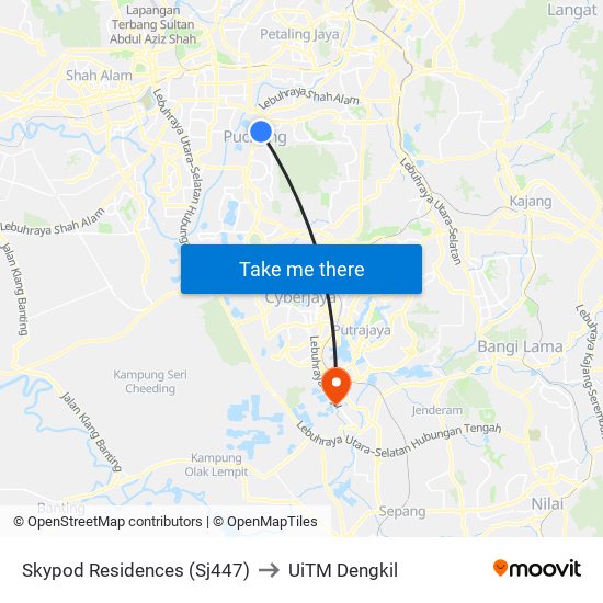 Skypod Residences (Sj447) to UiTM Dengkil map