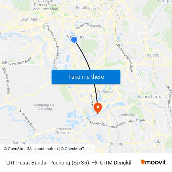 LRT Pusat Bandar Puchong (Sj735) to UiTM Dengkil map