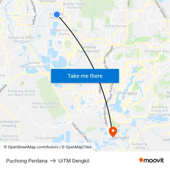 Puchong Perdana to UiTM Dengkil map