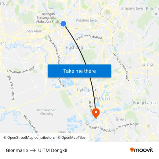 Glenmarie to UiTM Dengkil map