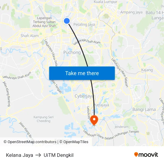 Kelana Jaya to UiTM Dengkil map