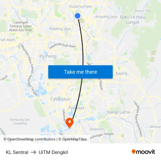 KL Sentral to UiTM Dengkil map