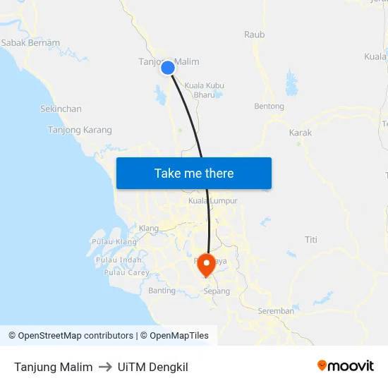 Tanjung Malim to UiTM Dengkil map