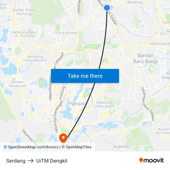 Serdang to UiTM Dengkil map