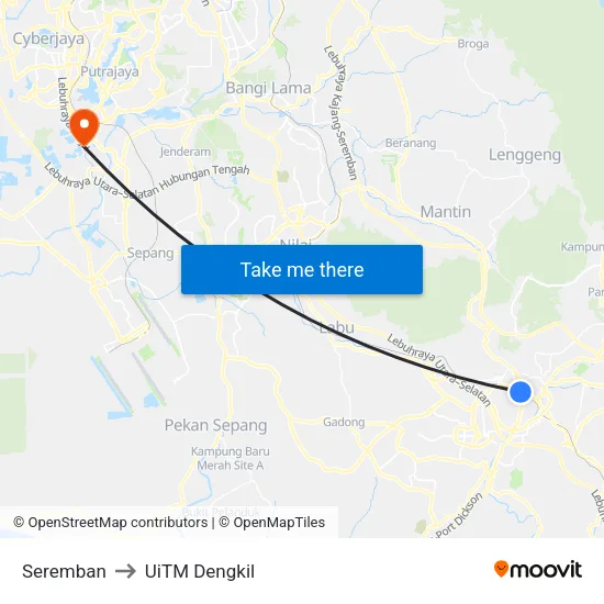 Seremban to UiTM Dengkil map