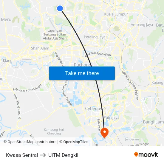 Kwasa Sentral to UiTM Dengkil map