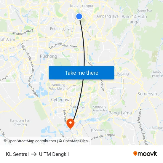 KL Sentral to UiTM Dengkil map