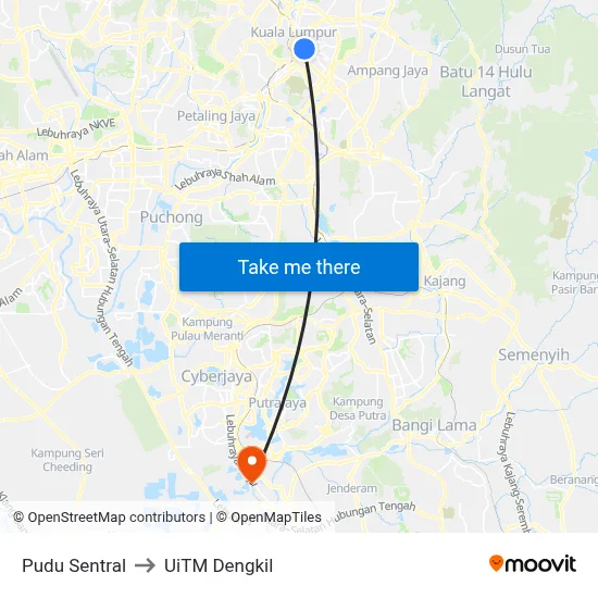 Pudu Sentral to UiTM Dengkil map