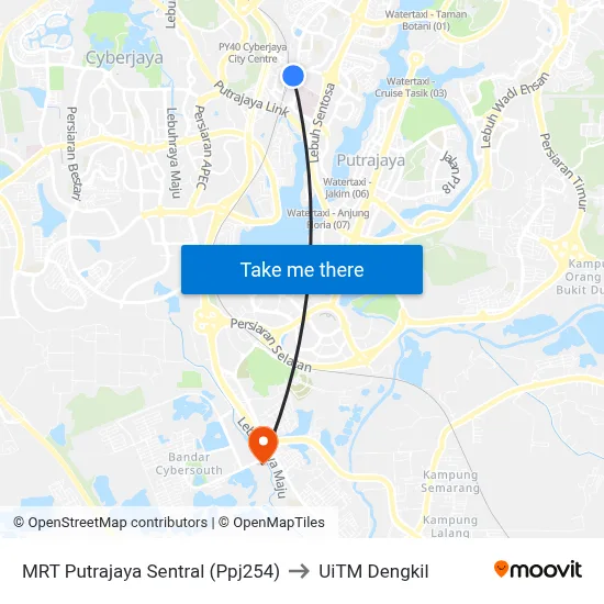 MRT Putrajaya Sentral (Ppj254) to UiTM Dengkil map