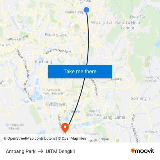 Ampang Park to UiTM Dengkil map