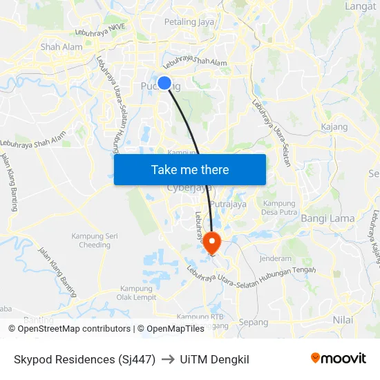 Skypod Residences (Sj447) to UiTM Dengkil map