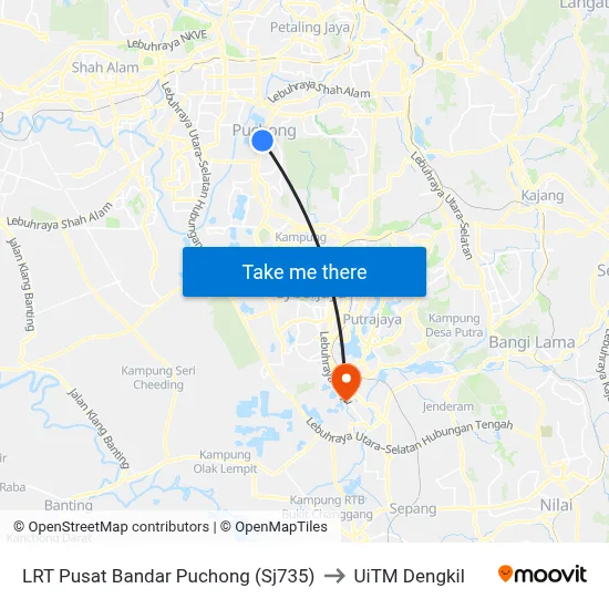 LRT Pusat Bandar Puchong (Sj735) to UiTM Dengkil map